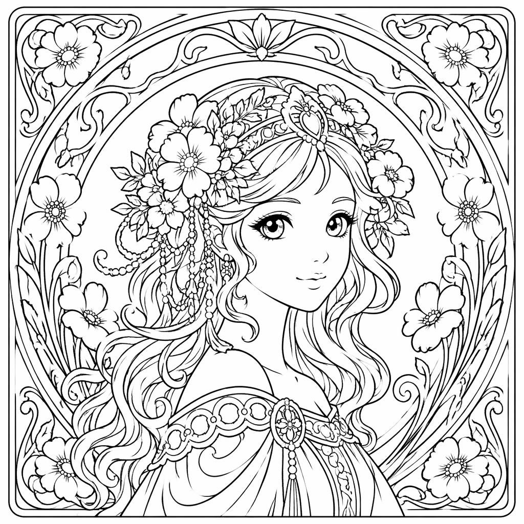 Schwarz-weißes Ausmalbild mit Jugendstil-Frauenporträt, manga-inspirierten Linien und ornamentalen Details.