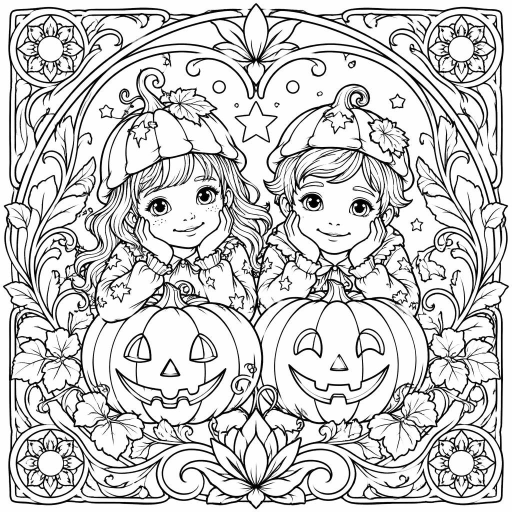 Black-and-white line art of kids with Halloween pumpkins in an intricate art nouveau coloring page style.