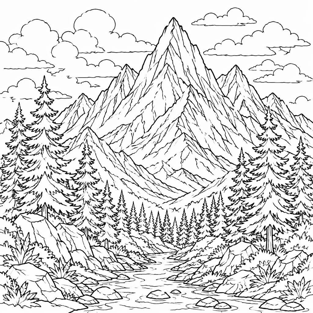 Black-and-white coloring page with realistic mountains and pine trees in detailed adult line art on a white background.