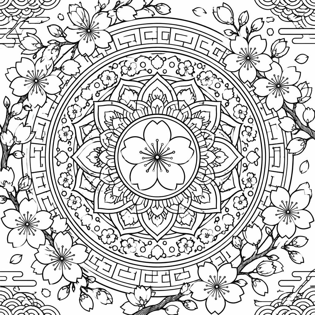 Illustration noir et blanc d’une fleur de cerisier japonaise style mandala, contours nets à colorier pour enfants.