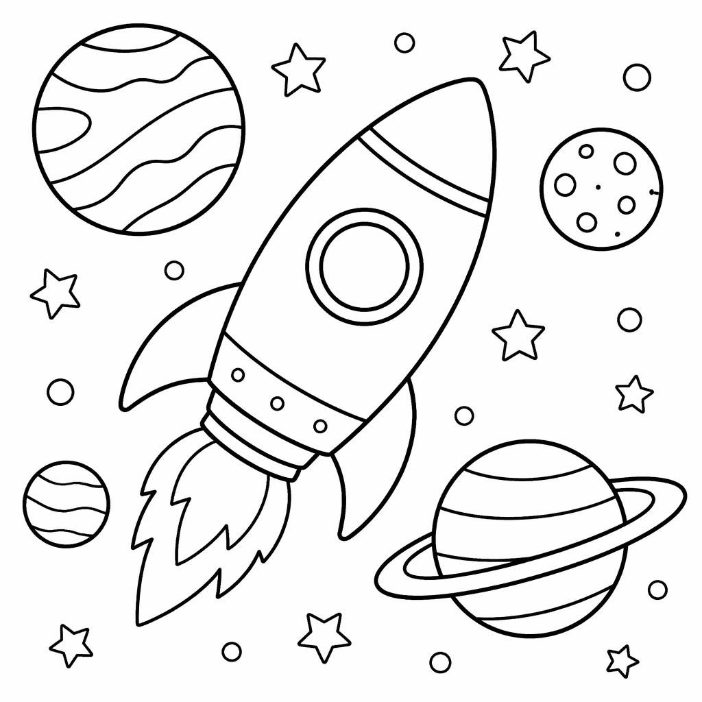 Illustration noir et blanc à colorier avec une fusée spatiale et des planètes, traits épais, style simple pour enfants.
