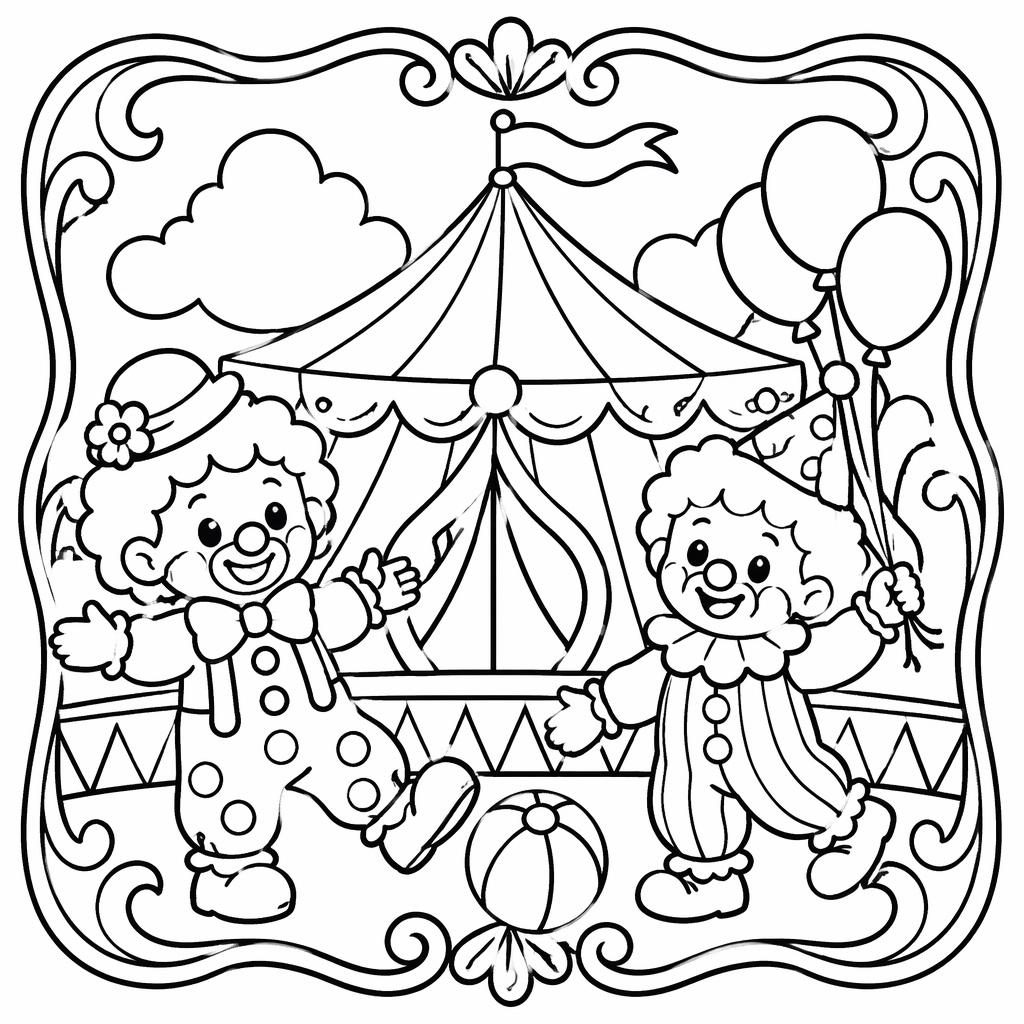 Schwarz-weiße Ausmalseite mit Zirkuszelt, fröhlichen Clowns und kindgerechten, dicken Linien im Jugendstil.