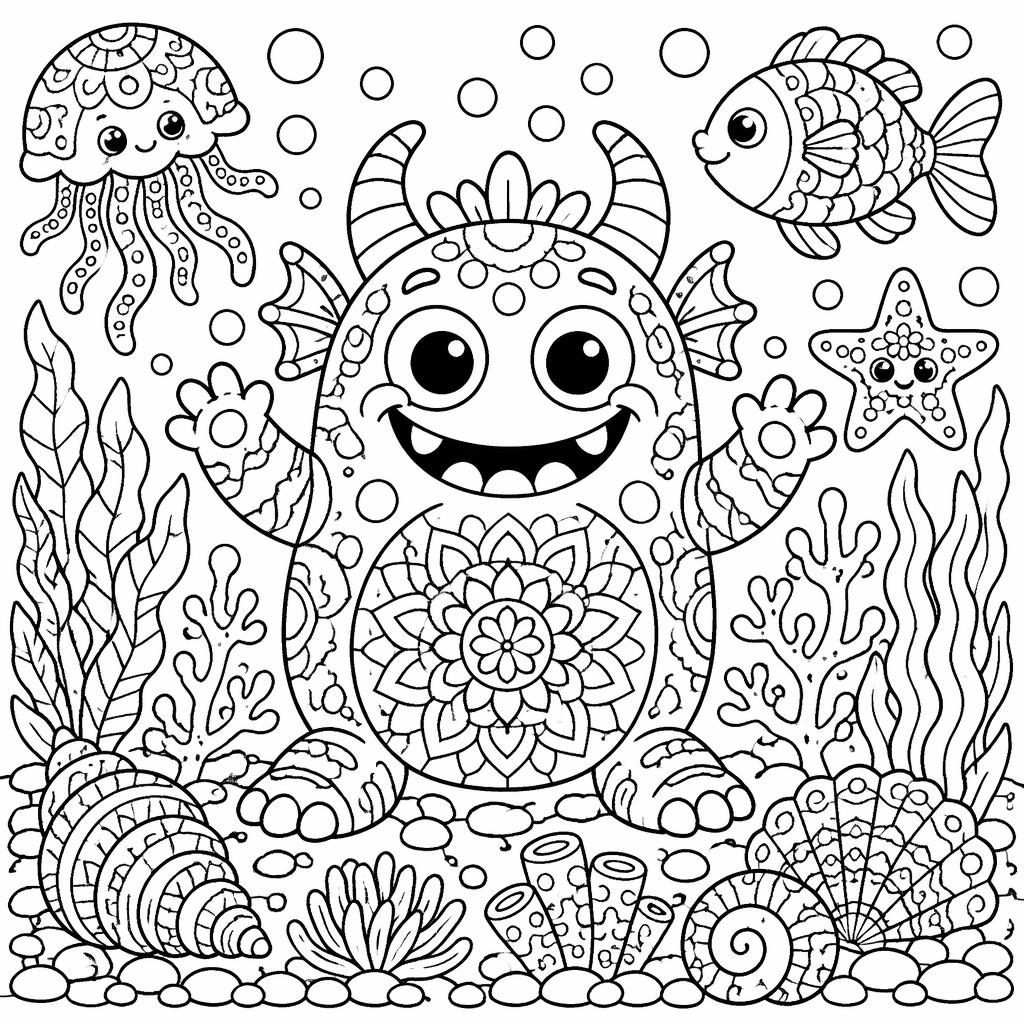 Illustration à colorier en noir et blanc d’une scène sous-marine pour enfants avec monstre rigolo et détails mandala