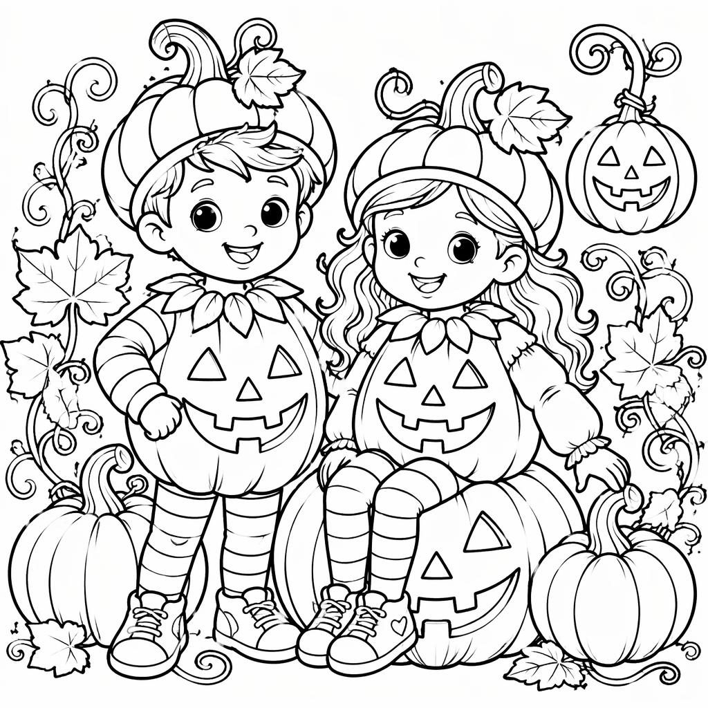 Illustration noir et blanc de citrouilles d’Halloween pour enfants, style zentangle, contours nets à colorier.