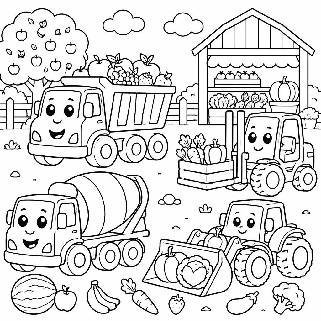 Illustration noir et blanc de camions de chantier kawaii pour enfants, en contours épais, style coloriage imprimable.