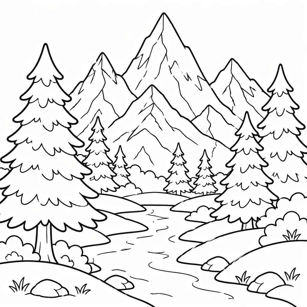 Illustration noir et blanc d’une danseuse style cartoon avec montagnes et sapins, contours simples à colorier.