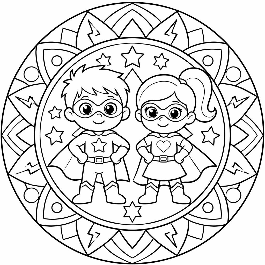 Ilustración en blanco y negro de niños superhéroes estilo caricatura, con contornos simples para colorear.