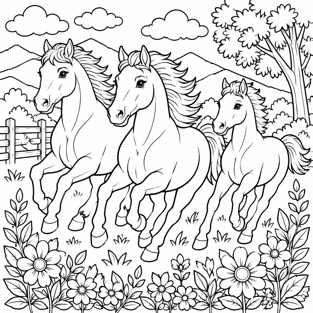 Black-and-white coloring page with horses running in chunky outlined line art, clean printable style for young kids.