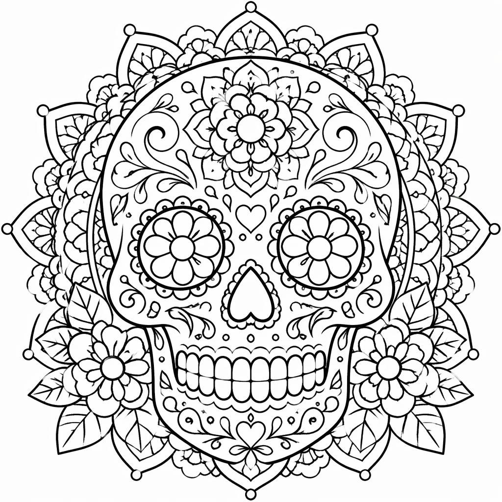 Black-and-white coloring page illustration of: sugar skull dia de los muertos. Audience: therapy / mindfulness, intricat
