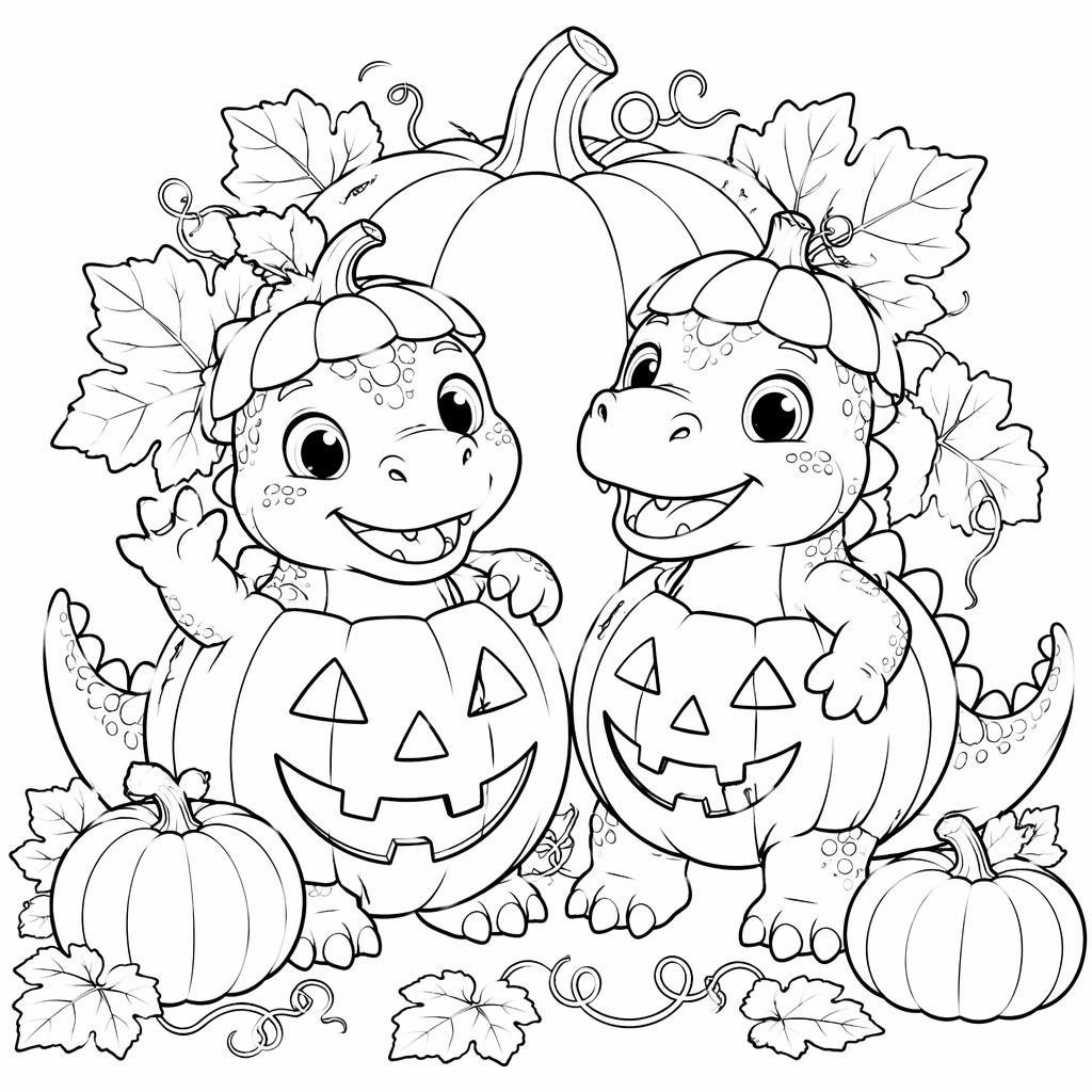 Black-and-white coloring page of kids with Halloween pumpkins in clean realistic line art on a white background.