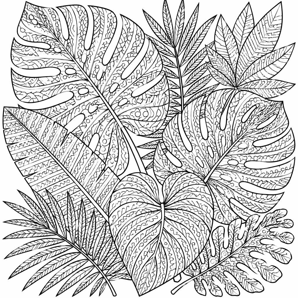 Illustration à colorier en noir et blanc de feuilles tropicales zentangle, style mandala détaillé, contours nets.