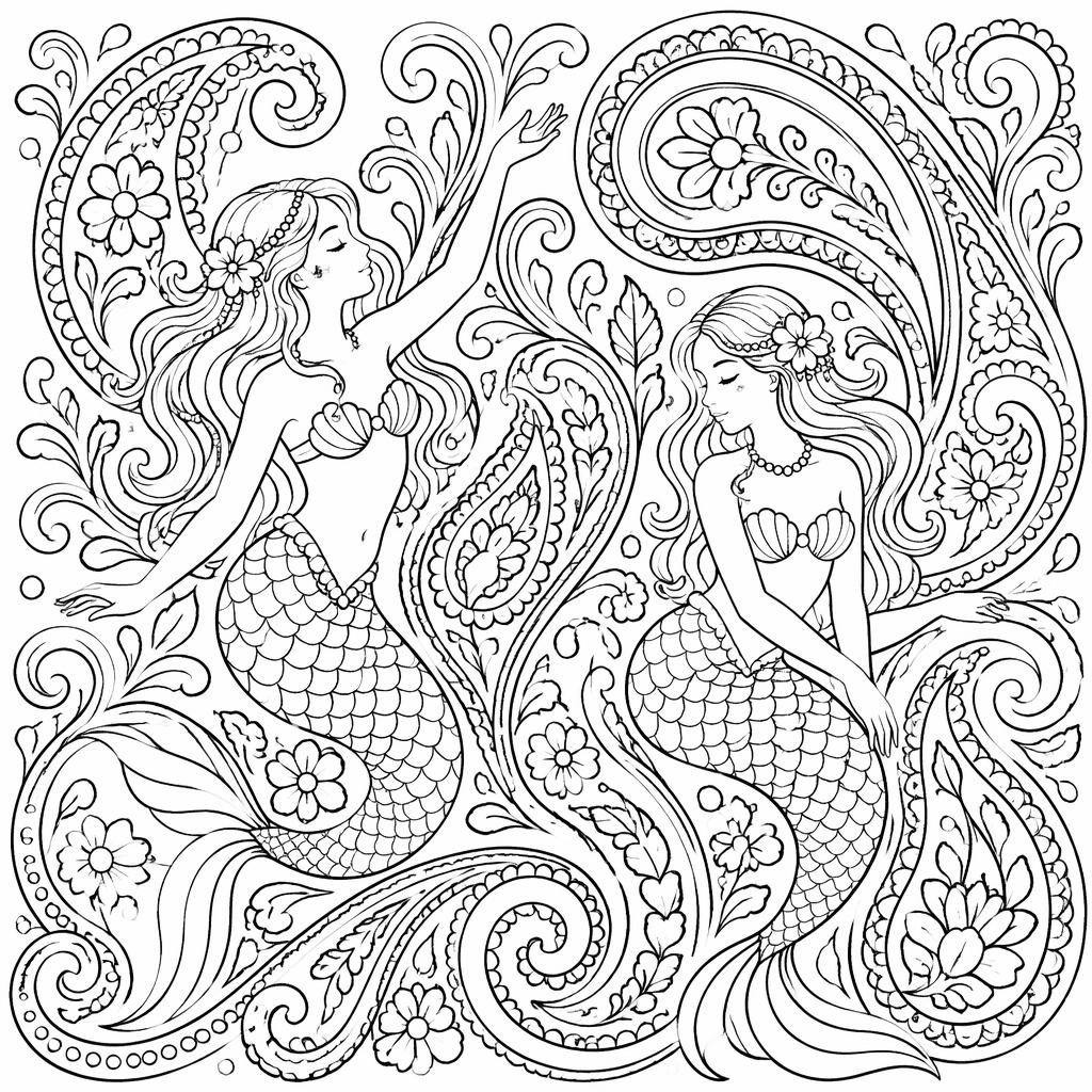 Ilustración en blanco y negro para colorear con patrones paisley intrincados, líneas limpias y formas cerradas.