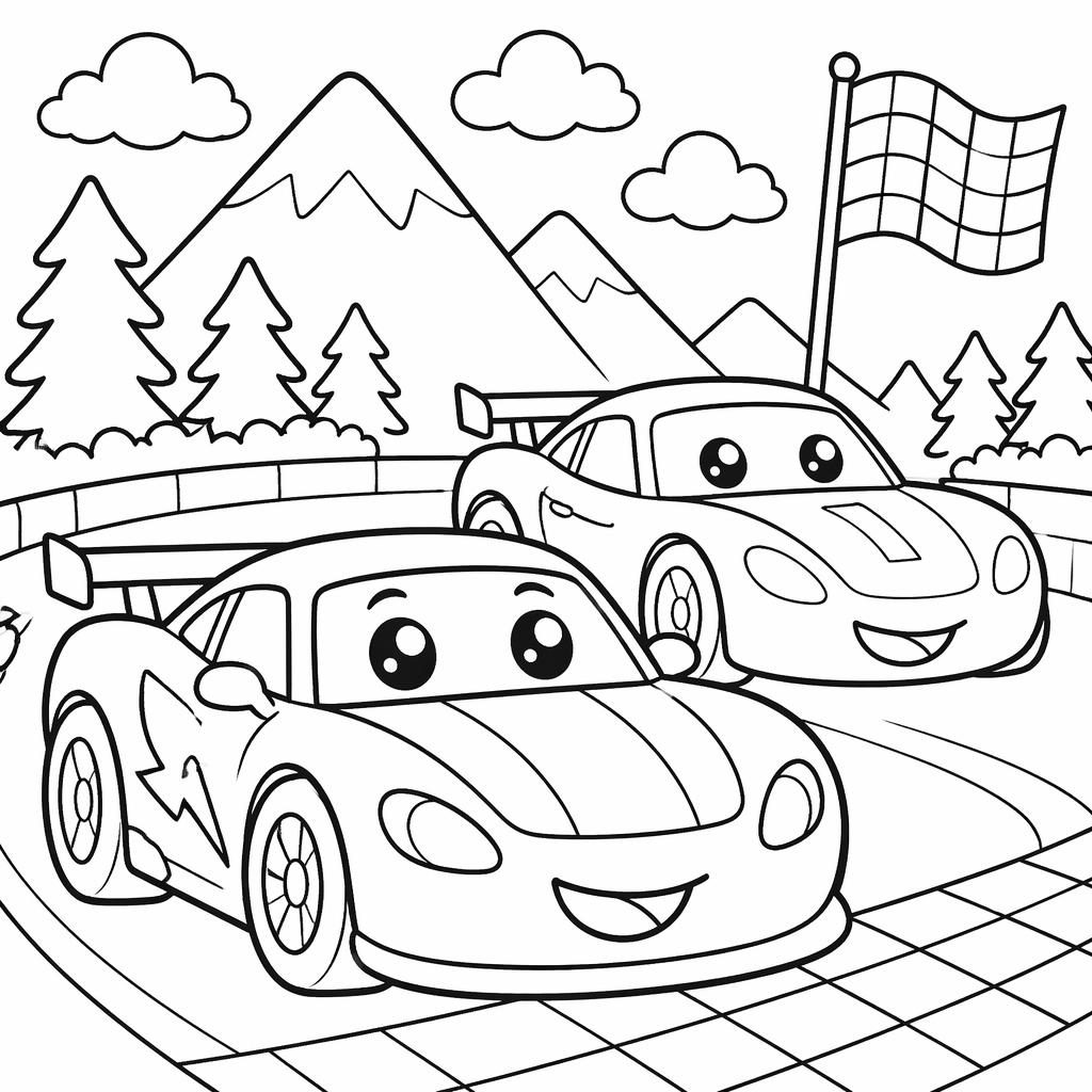 Black-and-white coloring page of chunky racing cars in a manga-inspired style for young kids.