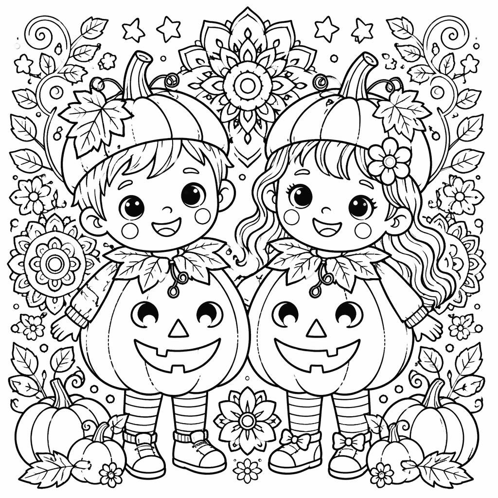 Ilustración para colorear en blanco y negro de niños con calabaza de Halloween, estilo tierno y detalles intrincados.