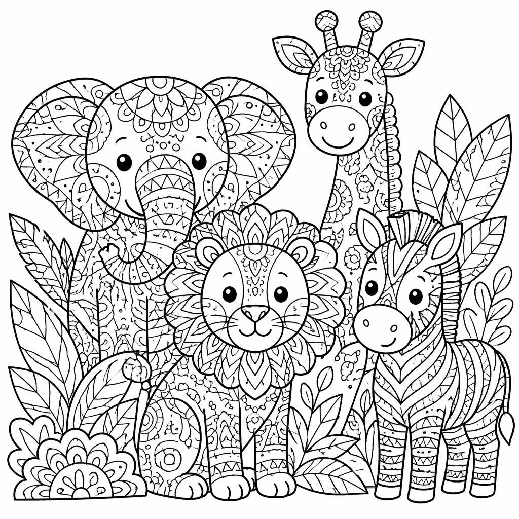 Ilustración para colorear en blanco y negro con animales de safari estilo zentangle, trazos limpios y formas cerradas.
