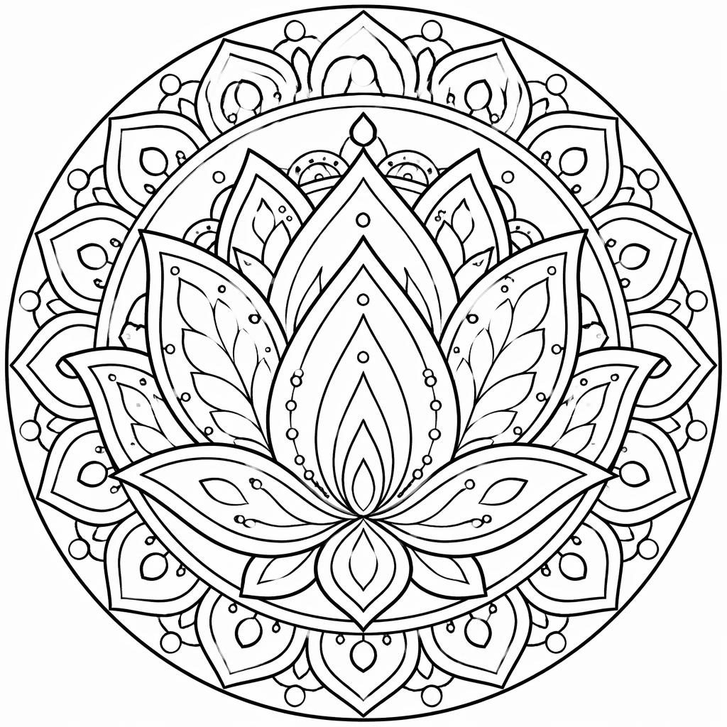 Ilustración para colorear de un loto tipo mandala con líneas negras, formas cerradas y fondo blanco.