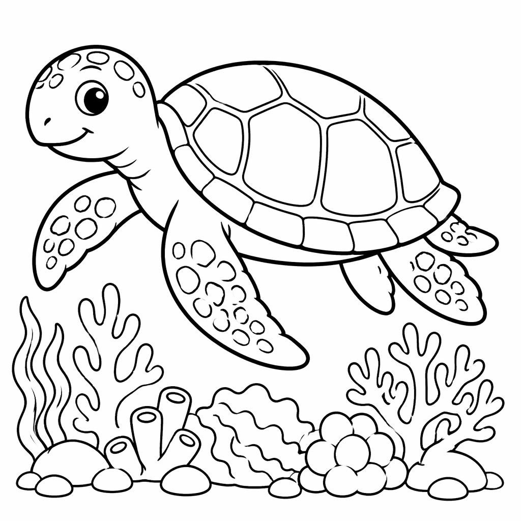 Einfache schwarz-weiße Ausmalbild-Illustration einer süßen erwachsenen Meeresschildkröte am Korallenriff.