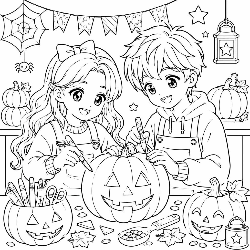 Ilustración en blanco y negro de niños con una calabaza de Halloween, estilo manga, para colorear.