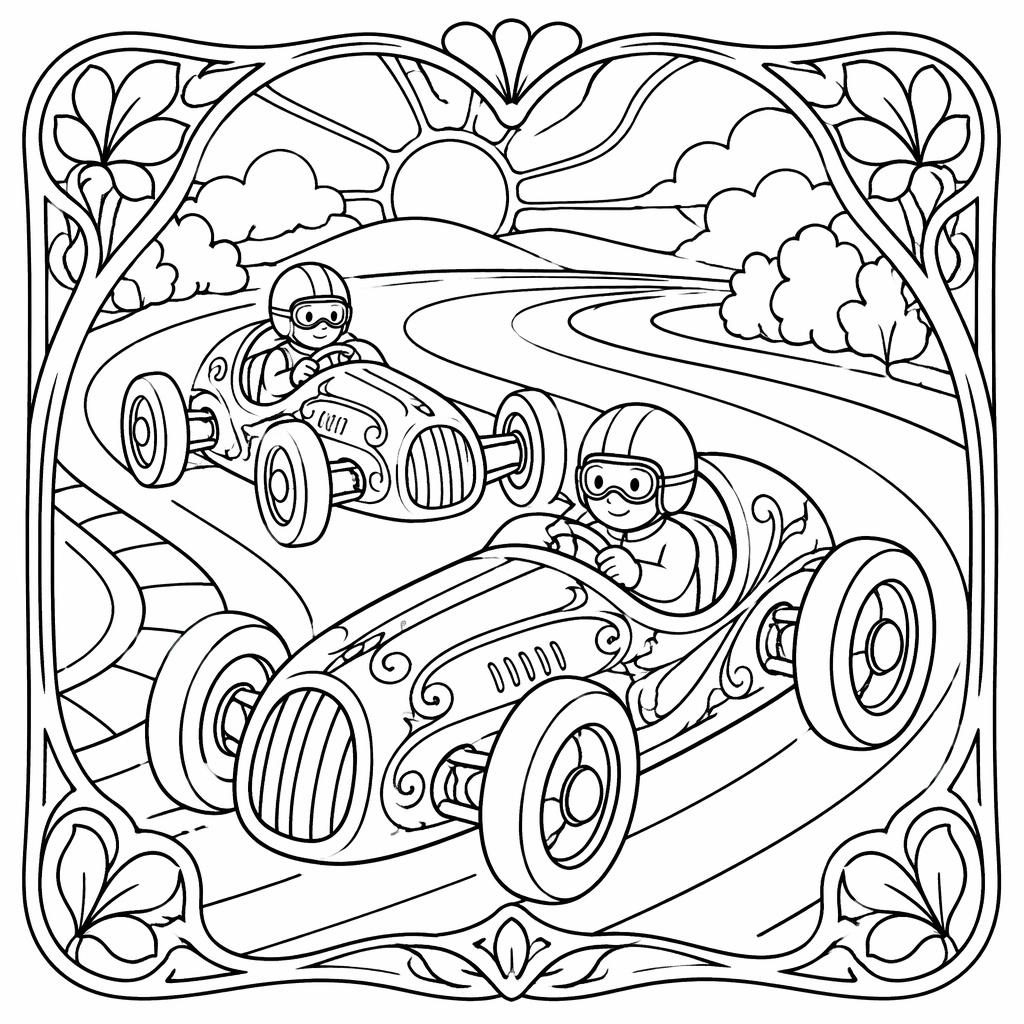 Schwarz-weiße Ausmalbild-Illustration mit kindgerechten Rennwagen und einem Zebra in klaren Konturen.