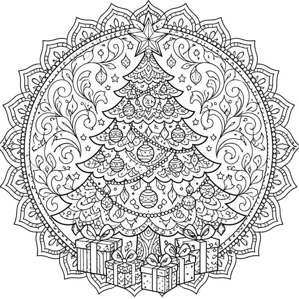 Schwarz-weiße Mandala-Malvorlage mit filigranem Christbaum, zentangleartigen Mustern und klaren Konturen.