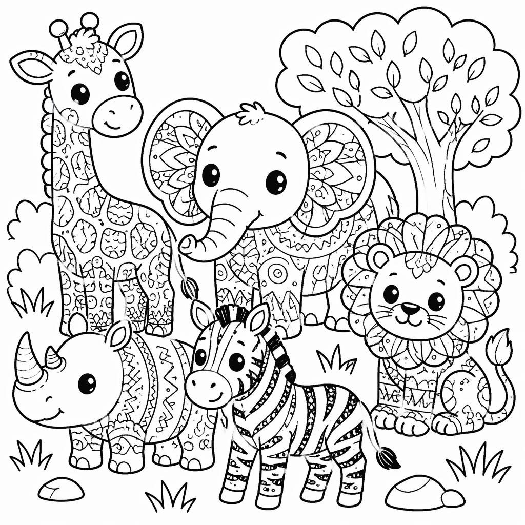 Ilustración para colorear en blanco y negro de un toro estilo safari zentangle, con líneas gruesas y fondo blanco.