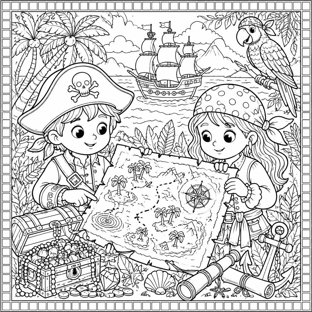 Ilustración para colorear en blanco y negro de niños piratas con mapa del tesoro, estilo line art detallado