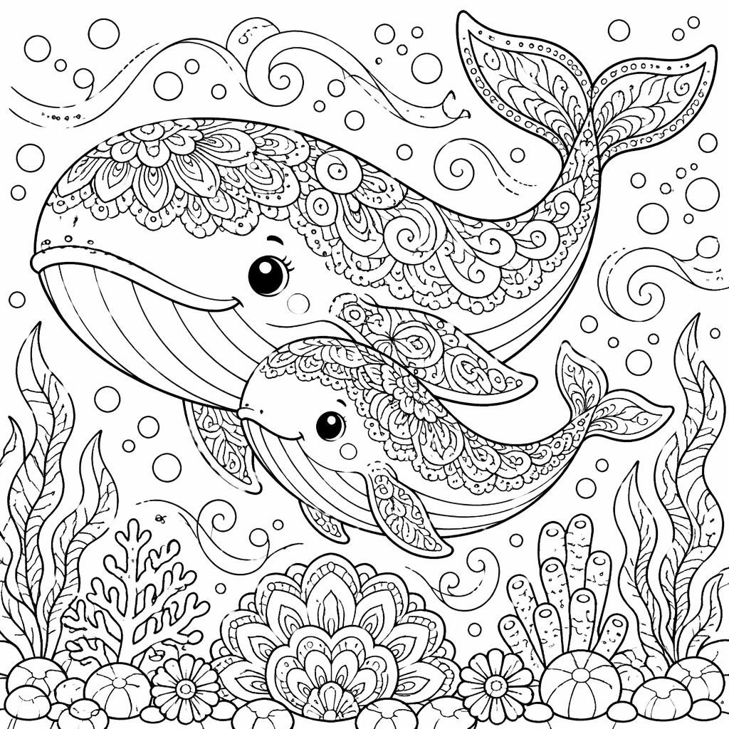 Ilustración para colorear en blanco y negro de una ballena madre con su cría, estilo tierno y detalles intrincados.