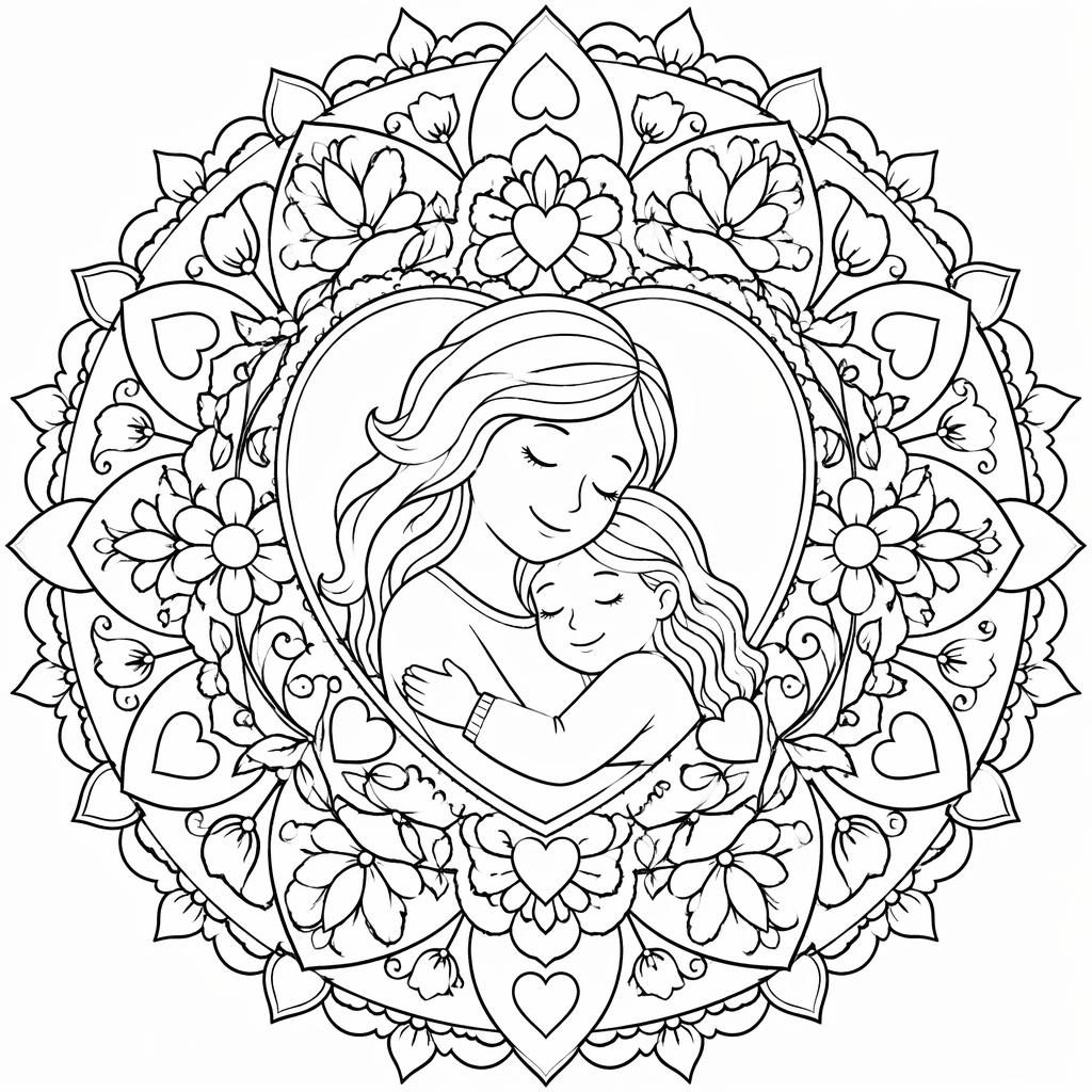Schwarz-weiße Mandala-Ausmalseite mit detailreichen, geschlossenen Formen im niedlichen Cartoon-Linienstil.
