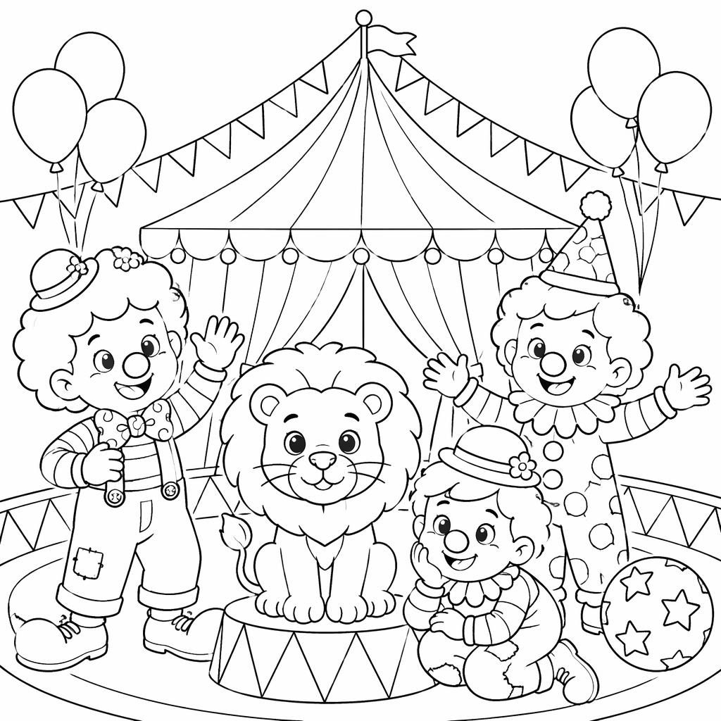 Schwarz-weiße Ausmalseite mit Zirkuszelt, Clown-Kindern und niedlichen Cartoon-Details als klare Line-Art.