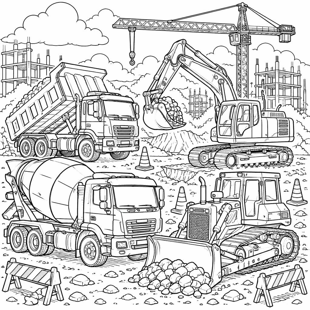 Ilustración para colorear en blanco y negro con camiones de construcción detallados para niños, en líneas limpias.