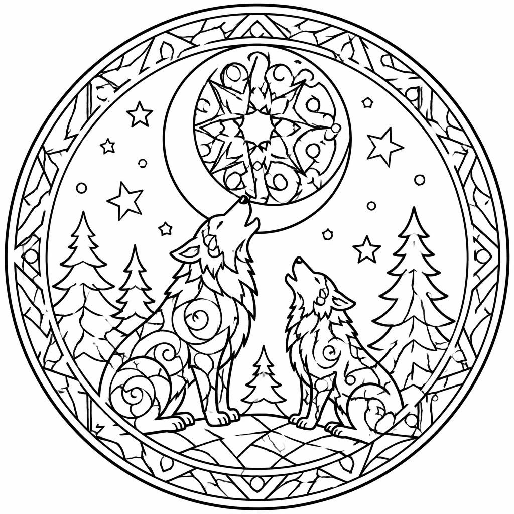 Black-and-white coloring page with adult wolves howling at the moon in a mandala geometric line-art style.