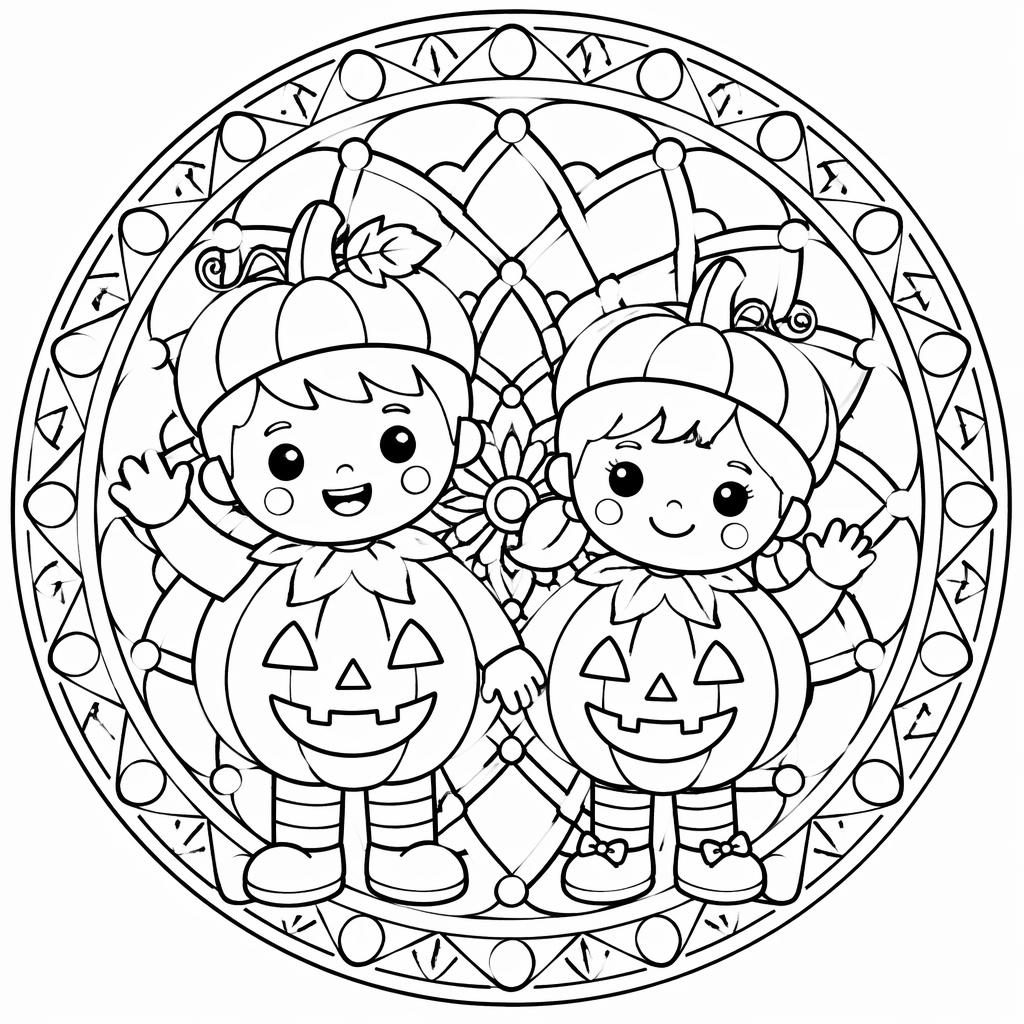 Ilustración para colorear en blanco y negro con calabaza de Halloween infantil, líneas gruesas y estilo mandala.