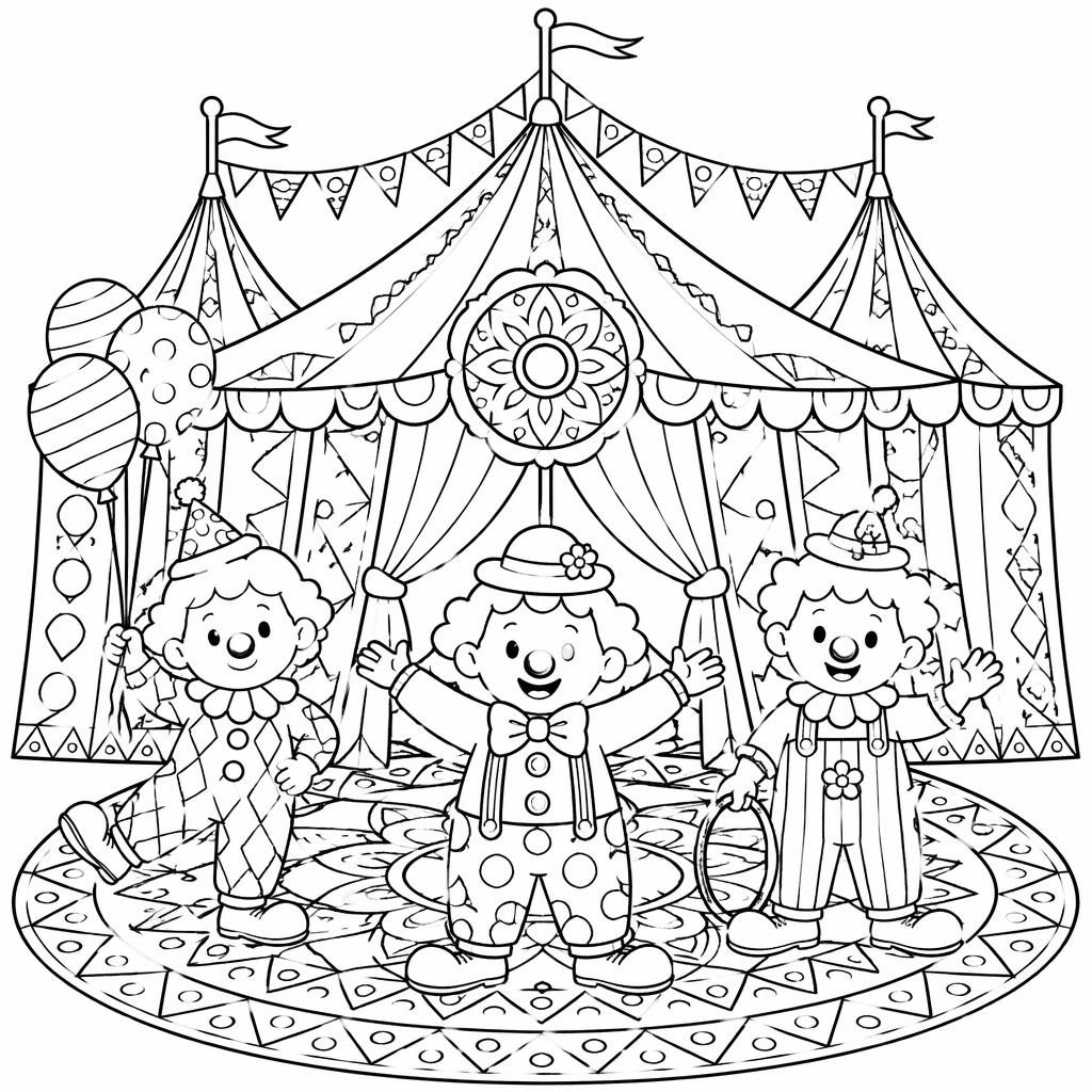 Schwarz-weiße Malvorlage mit Zirkuszelt, Clown-Kindern und mandalaartigem Linienmuster zum Ausmalen.