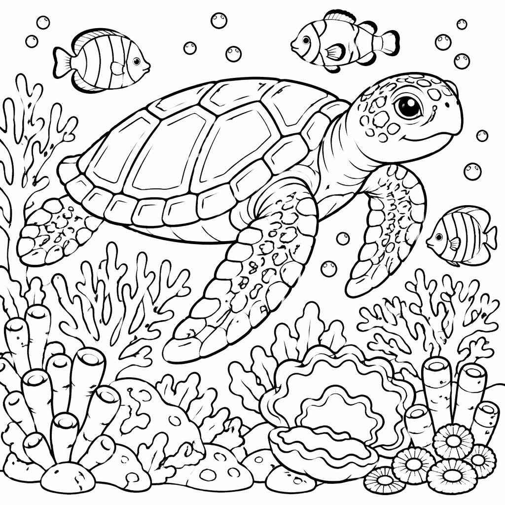 Black-and-white line art of a cute adult sea turtle on a reef, with bold closed outlines on a white background.