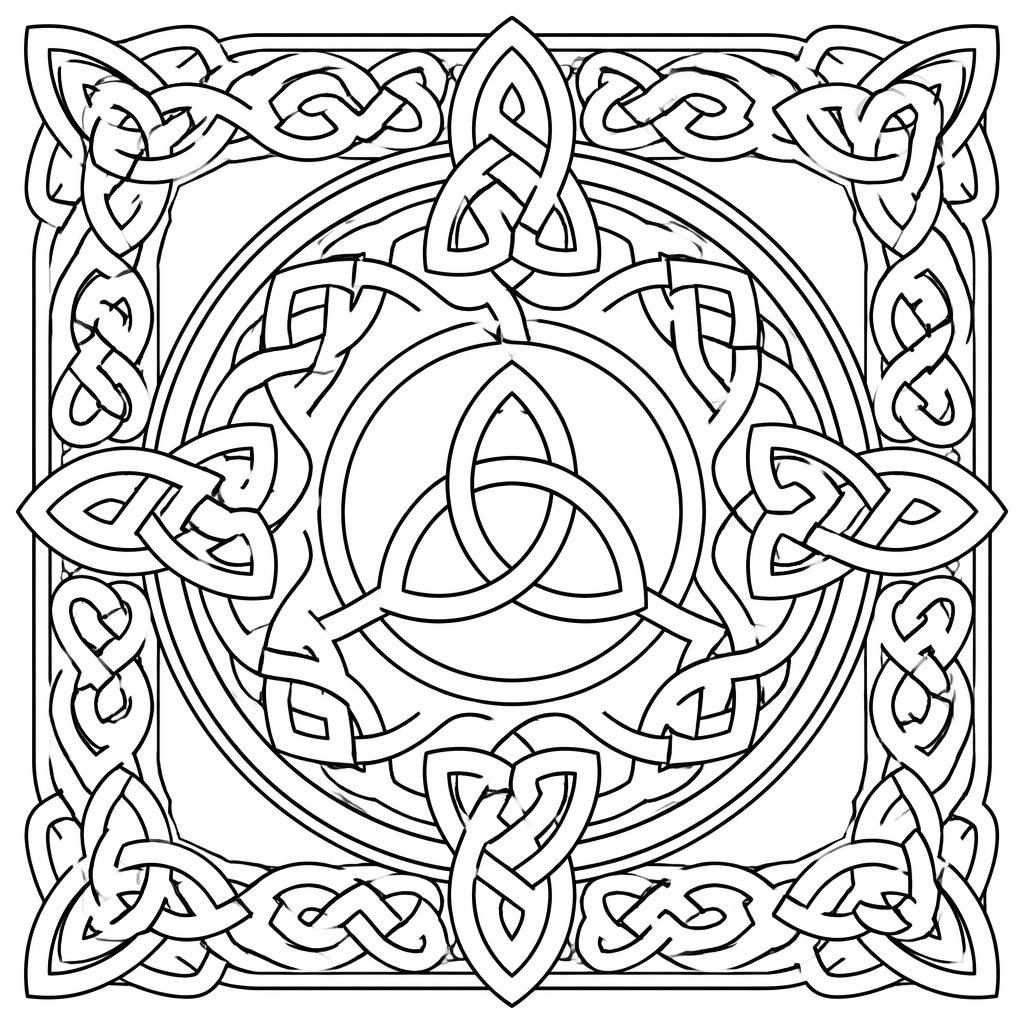 Black-and-white coloring page with intricate Celtic knots in clean manga-inspired line art on a white background.