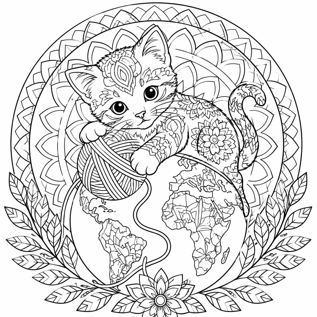 Black-and-white coloring page of a kitten playing with yarn in a detailed mandala geometric line-art style.