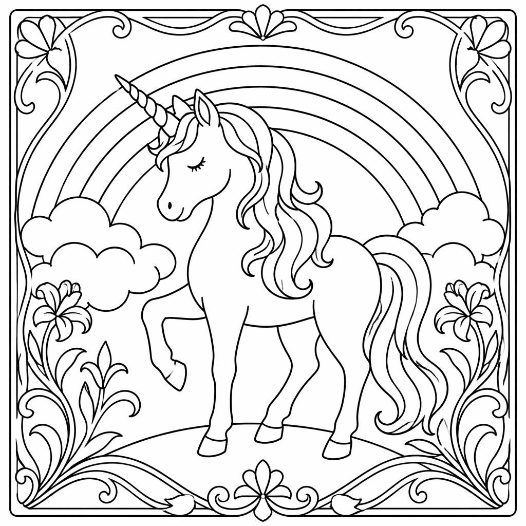 Ilustración para colorear en blanco y negro de un unicornio simple junto a un arcoíris, estilo art nouveau.