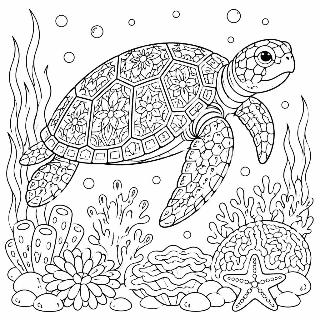 Illustration noir et blanc d’une tortue de mer adulte sur un récif, en style mandala géométrique à colorier.