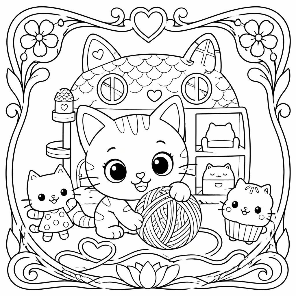 Black-and-white coloring page of a cute kitten playing with yarn in simple art nouveau line art.