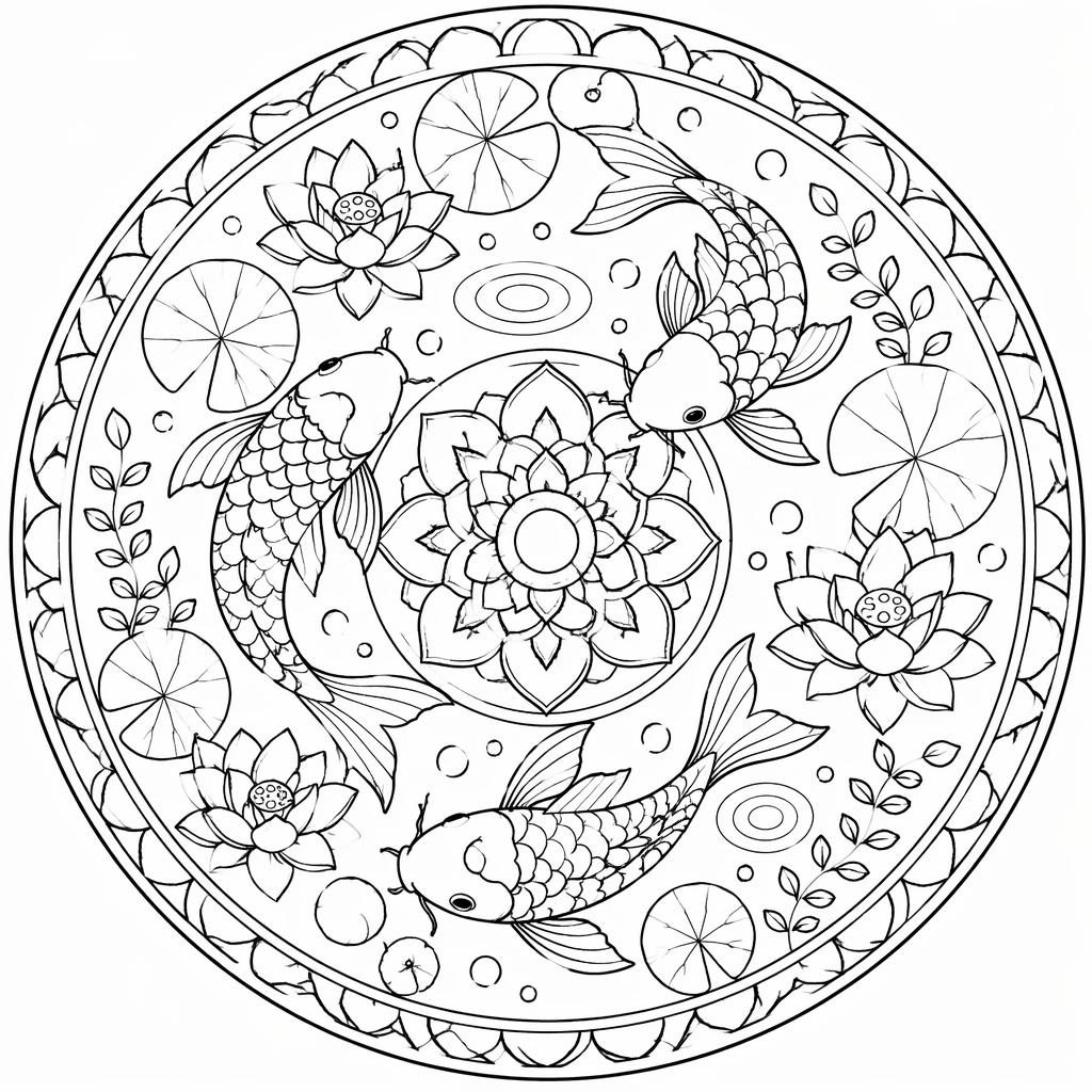 Schwarz-weiße Ausmalbild-Illustration im Mandala-Stil mit einfachen, klaren Konturen und geschlossenen Formen.