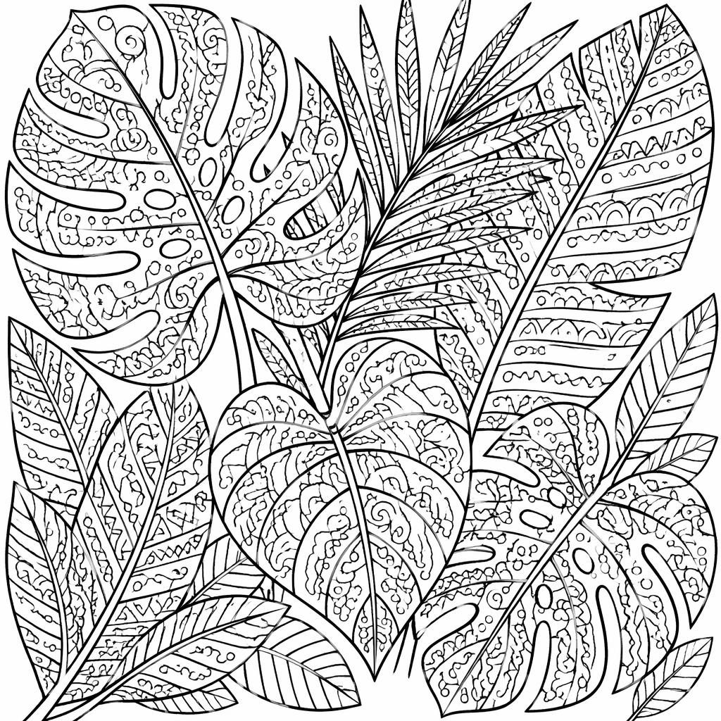 Black-and-white coloring page with intricate tropical leaves in a zentangle doodle style, clean outlined line art.
