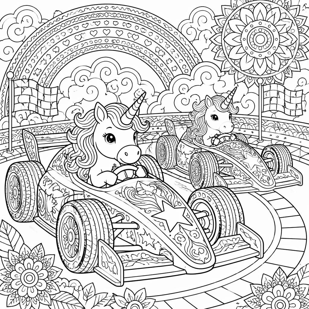 Schwarz-weiße Malvorlage mit mehreren Rennwagen für Kinder, detailreich, klare Konturen, druckbar auf weißem Hintergrund.