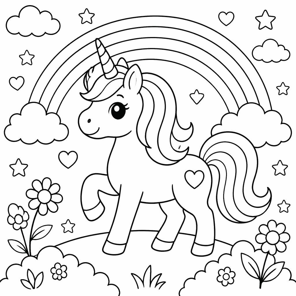 Schwarz-weiße Ausmalseite mit süßem Einhorn und einfachem Regenbogen im sauberen Line-Art-Stil