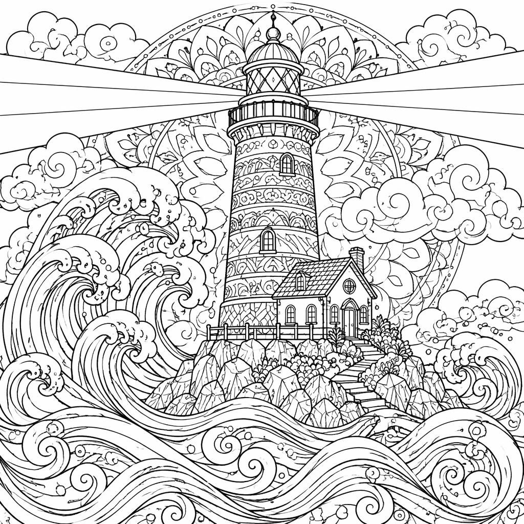 Ilustración para colorear en blanco y negro de un faro con olas, líneas detalladas y formas cerradas.