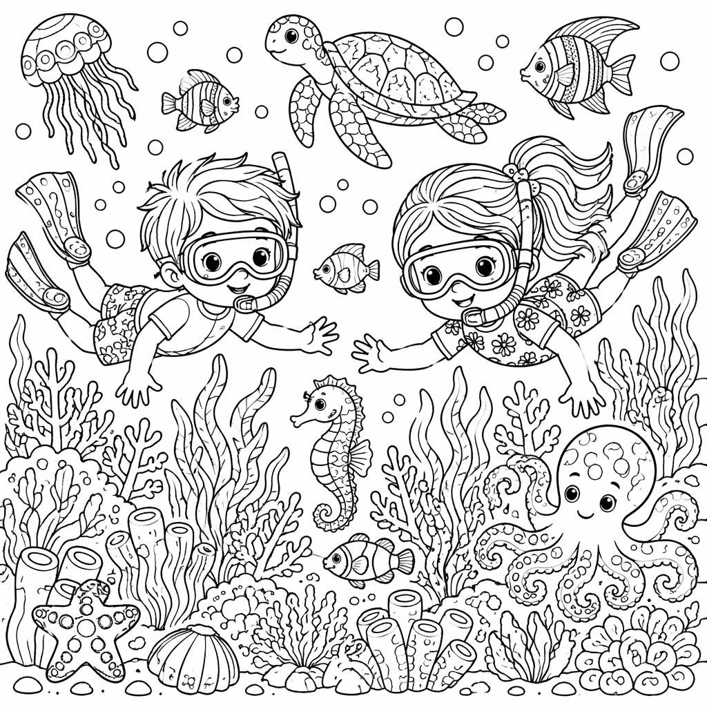 Schwarz-weiße Malvorlage im Zentangle-Stil mit kinderfreundlicher Unterwasserlandschaft, Fischen, Korallen und klaren Linien.