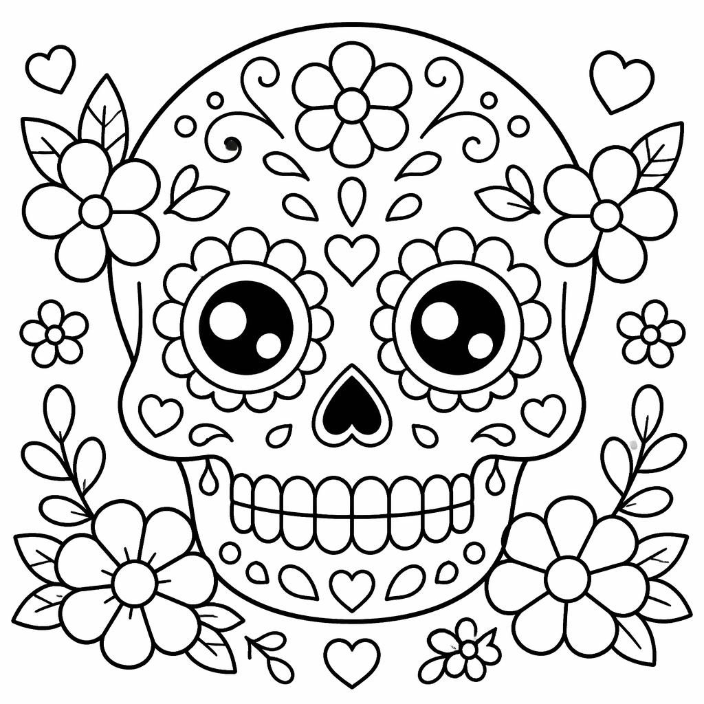 Illustration à colorier en noir et blanc d'une tête de mort en sucre style manga kawaii, contours épais et formes fermées.