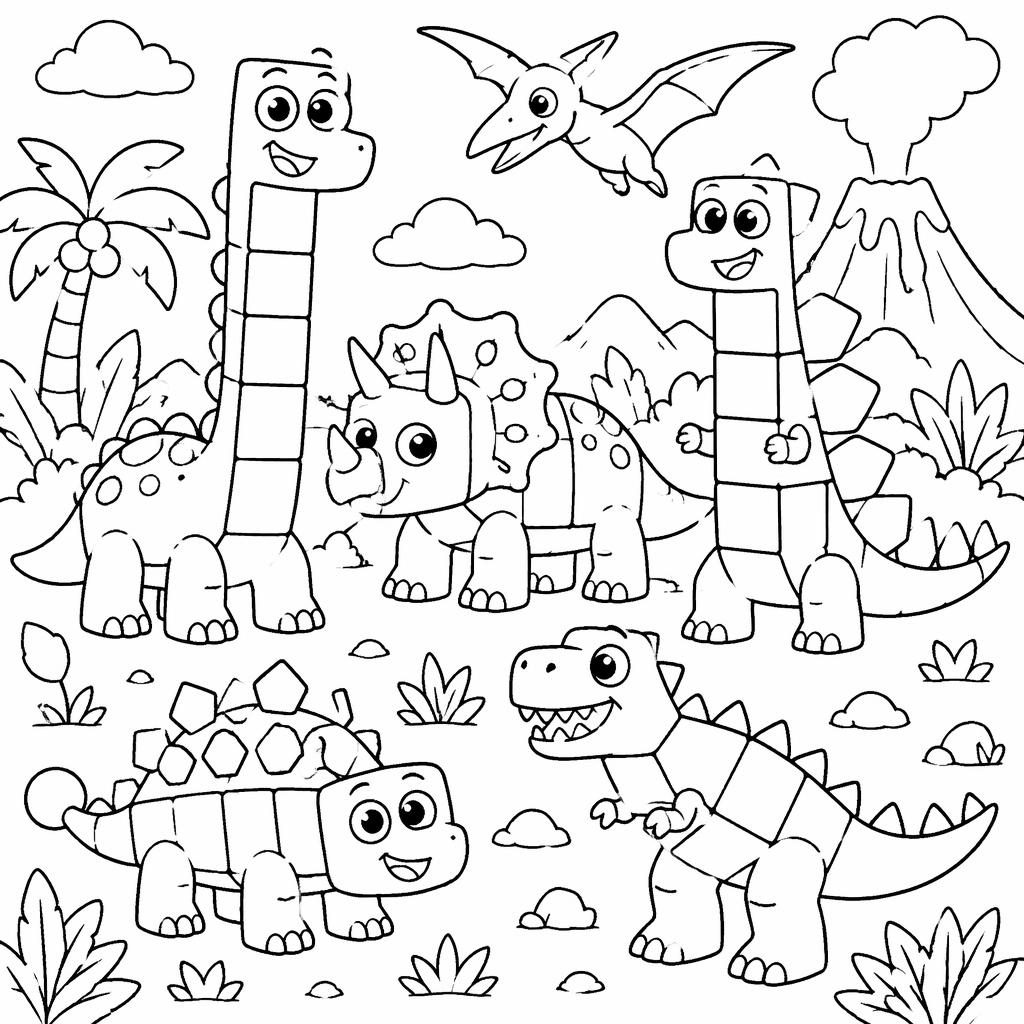 Black-and-white coloring page with cute cartoon dinosaur scenes for kids in clean printable line art.