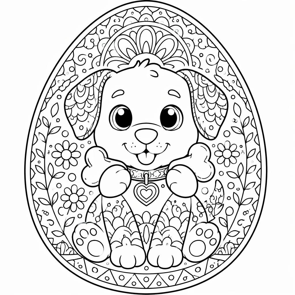 Illustration noir et blanc d’un chien mignon avec un os, style cartoon détaillé, contours nets à colorier.