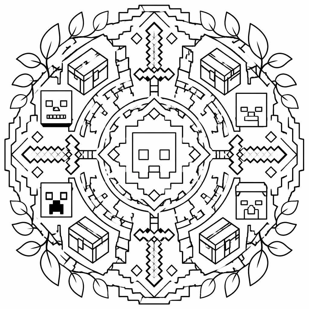 Schwarz-weiße Mandala-Malvorlage mit einfachen botanischen Formen, klaren Konturen und weißem Hintergrund.