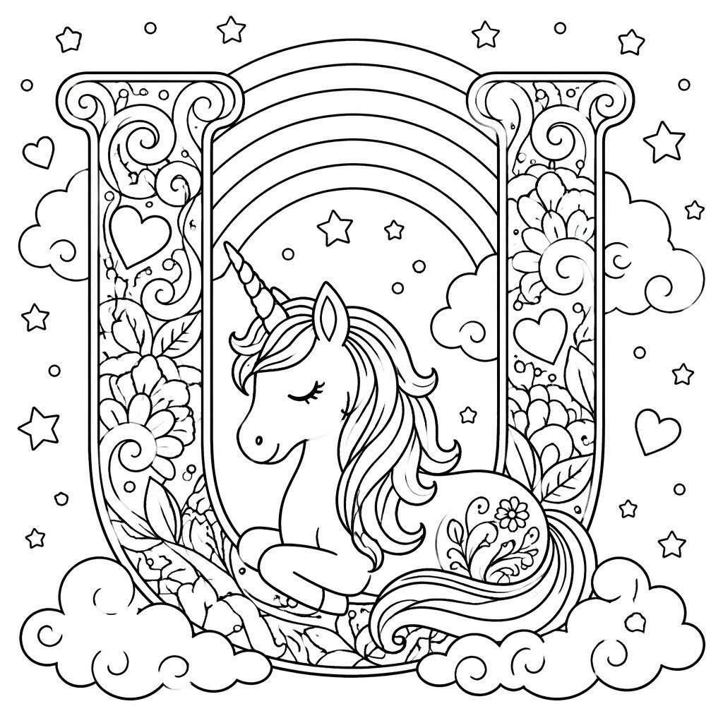 Black-and-white coloring page with a simple unicorn and rainbow in zentangle doodle line art on a white background.